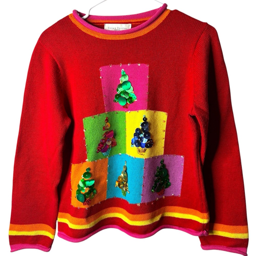 Vintage Susan Bristol Hand Embroidered Christmas Sweater Womens PL Holiday Cheer